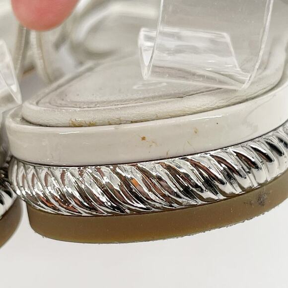 Chanel 37C Gray Quilted Leather Faux Pearl CC Logo Ankle Strap Flat Sandals - Picture 9 of 14